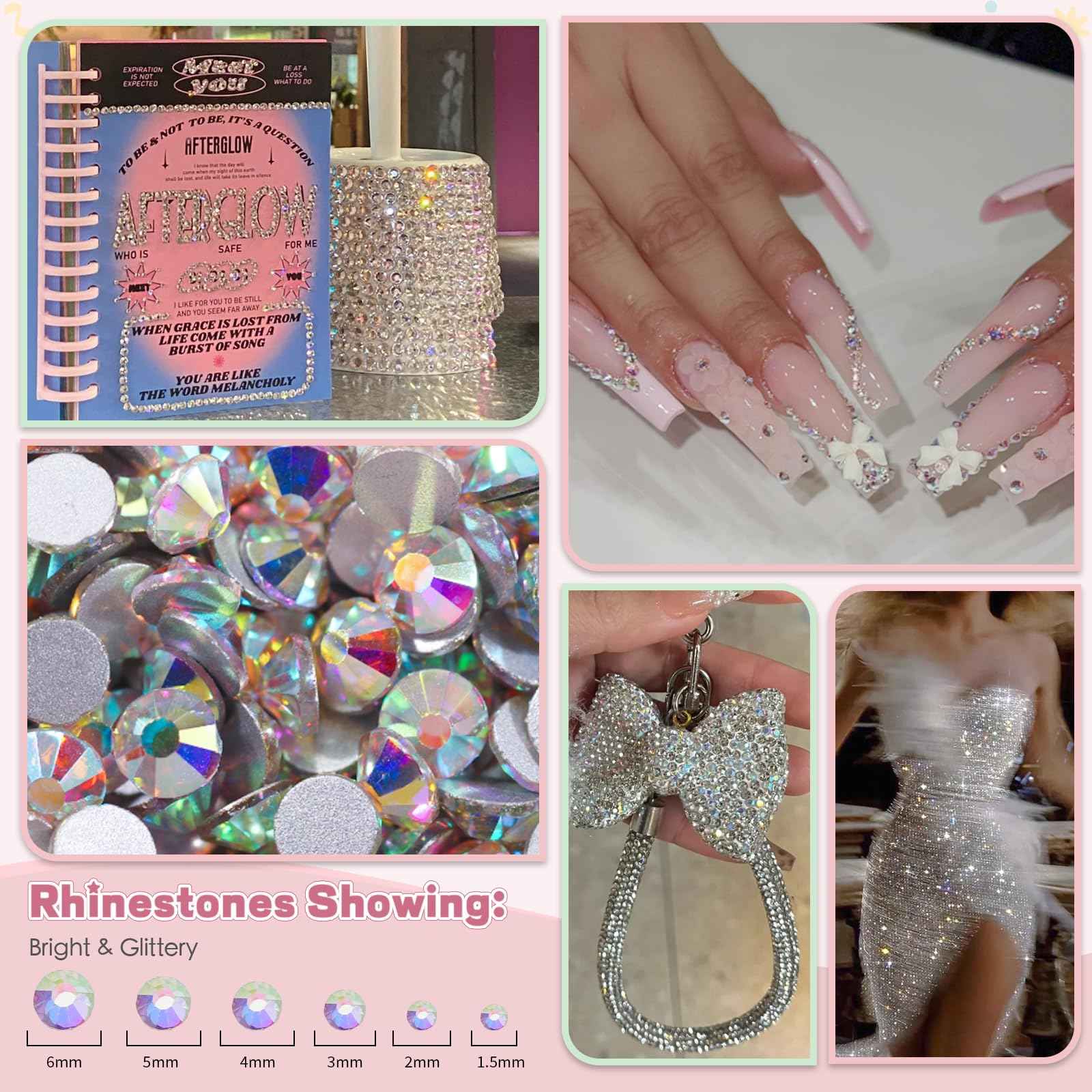 EARLMONI 2800PCS Rhinestones with 15ml B-7000 Rhinestone Glue, Pick Up Tweezers, Rhinestone Picker Pen, 6 Sizes Silver AB Crystal Nail Gems for DIY Crafts Clothing Tumblers Shoes Fabric Nail Art