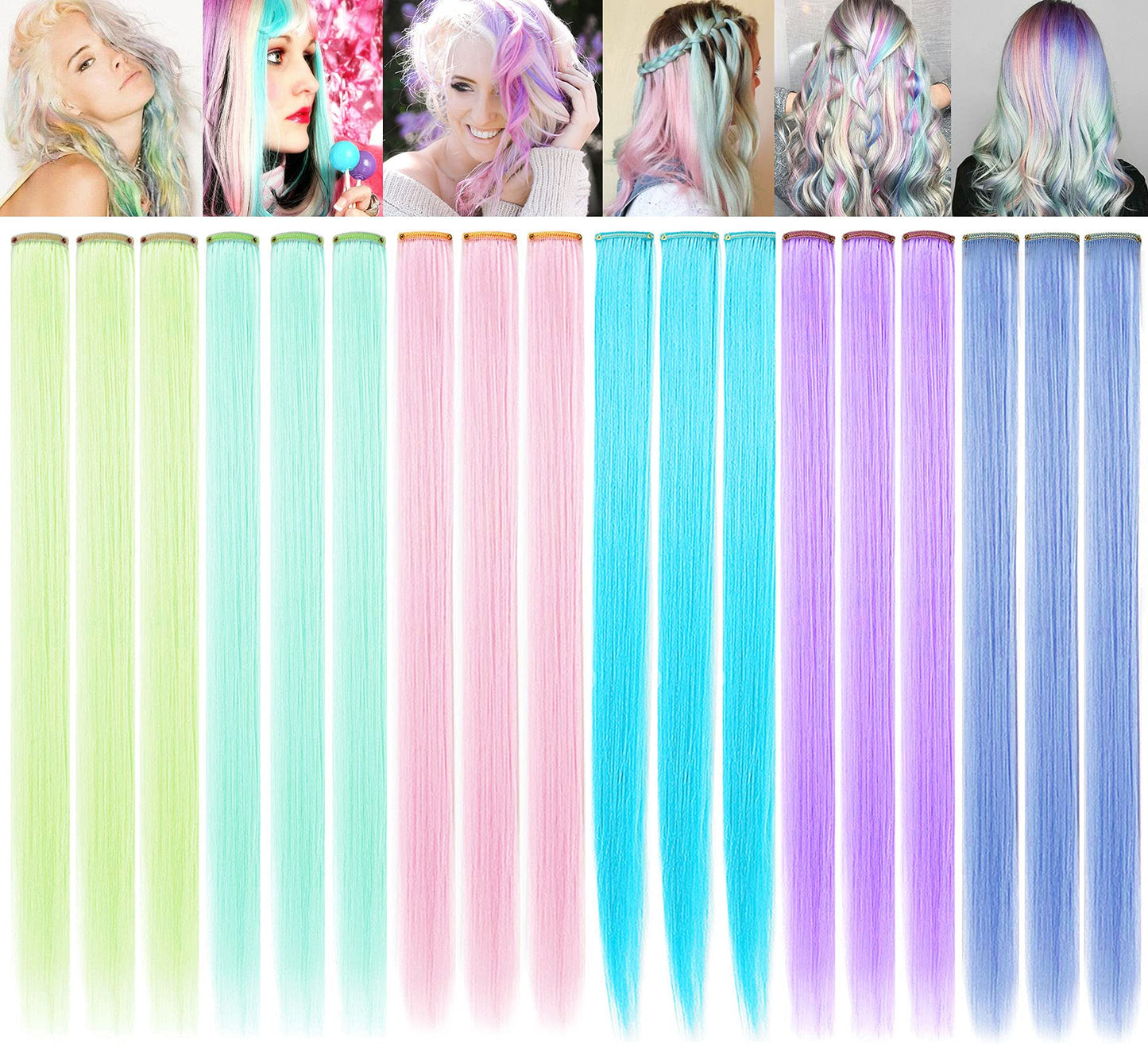 XIRRWWH Colored Hair Extensions Clip in,21 Inch Rainbow Hairpieces Heat Resistant Straight Hair,Birthday Gifts Party Multicolor Hair Accessories 18 Pcs of Set (Candy color)