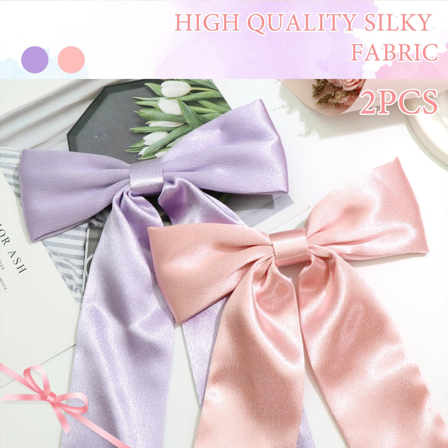 SAWINDA Pink Hair Bows for Women 2PCS Satin Hair Ribbon Hair Bows Metal Bow Hair Clips with Long Tail Hair Bows Wedding Prom Tassel Bowknot Hair Clips Hair Barrettes for Teen