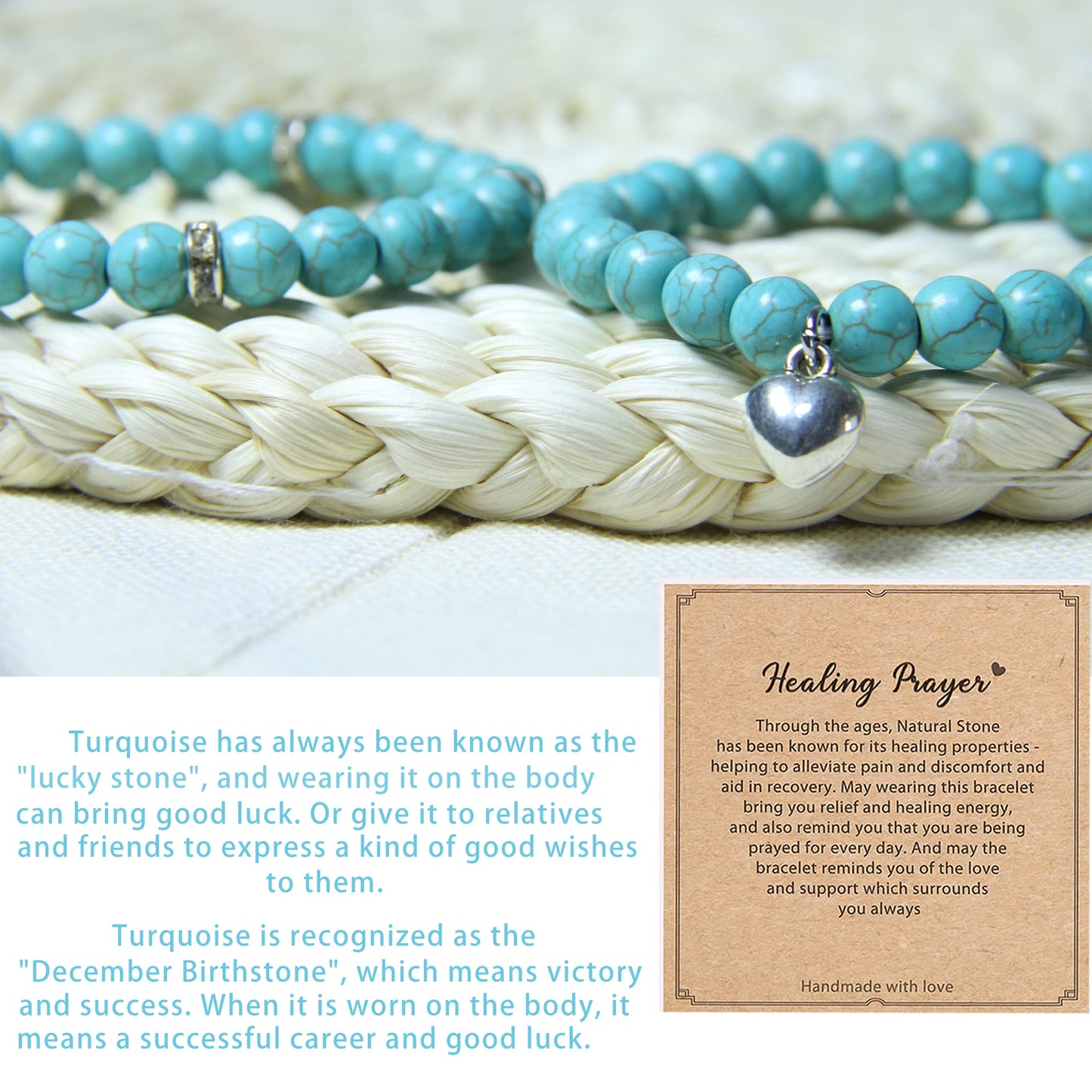 Healing Bracelets for Women - Turquoise Bracelet - Healing Prayers Crystal Bracelet, 8mm Natural Stone Anti Anxiety Stress Relief Yoga Beads Get Well Soon Gifts