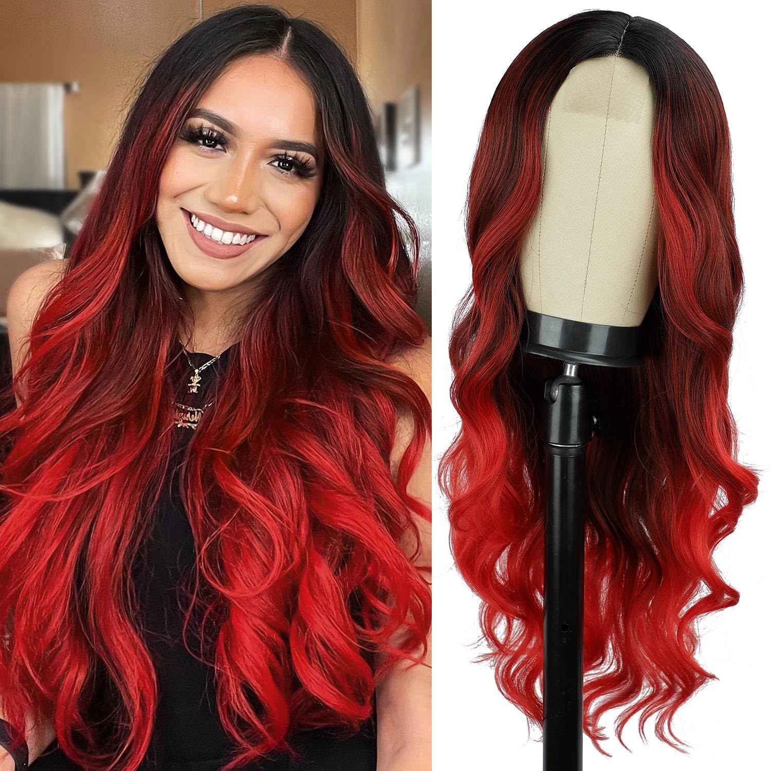 LUNDEREN Red Wavy Wig 26 Inch Long Red Ombre Wigs for Women Ombre Red Middle Part Wig Synthetic Heat Resistant for Daily Party Use (Ombre Red 26 Inch)
