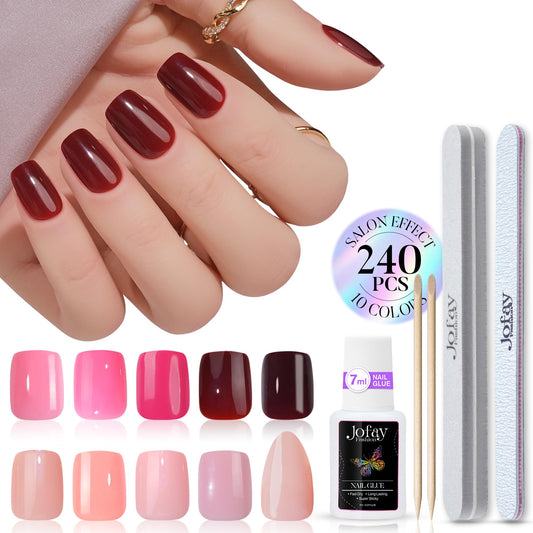 240Pcs Short Press on Nails Kit, Jofay Fashion Acrylic Fake Nails Set with Glue, Natural & Comfortable Artificial Nails Glue on Nails Set, Stick on Nails False Nails with DIY Nail Stickers