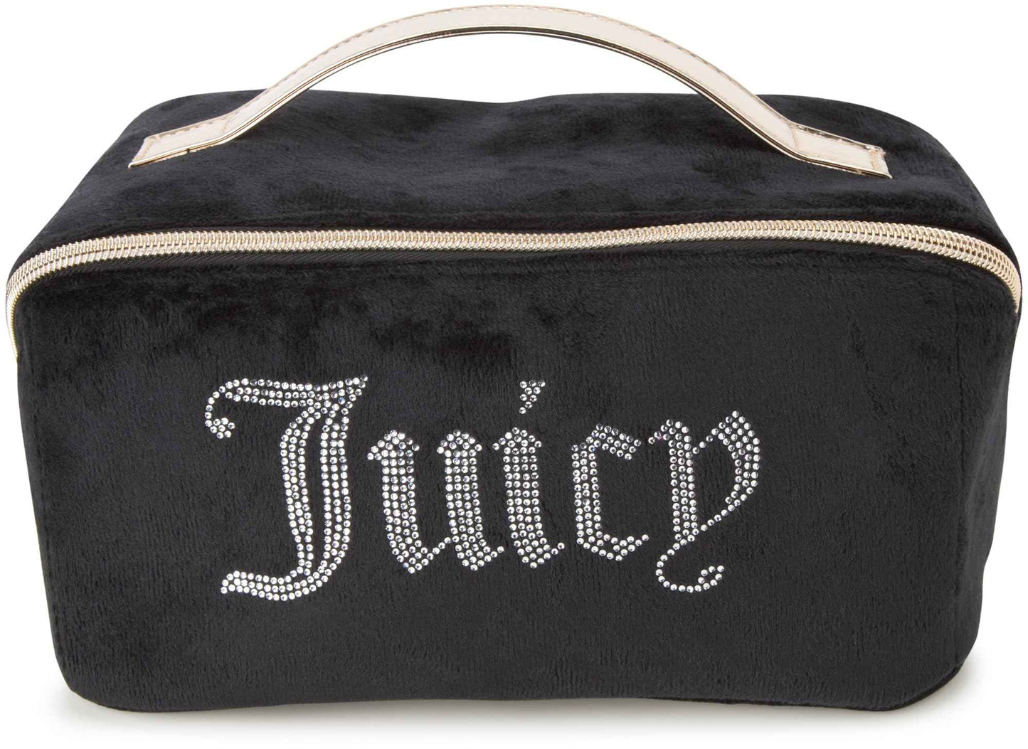 Juicy Couture Black Makeup Bag Cosmetics Organizer Travel Essentials Cross Zip Velour Rhinestone Gold Handle