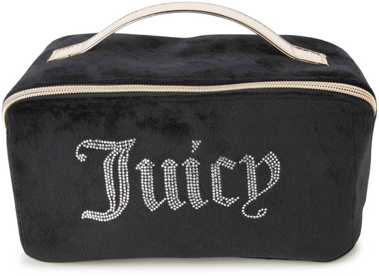 Juicy Couture Black Makeup Bag Cosmetics Organizer Travel Essentials Cross Zip Velour Rhinestone Gold Handle