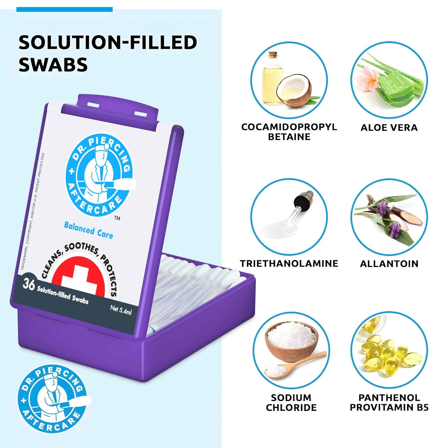 Dr. Piercing Aftercare Swabs - Saline Solution for Piercings - Earring Nose Belly Ear Piercing Cleaner - Saline Wash, Ear Hole Cleaner – Piercing Aftercare Formula - 36 Swabs