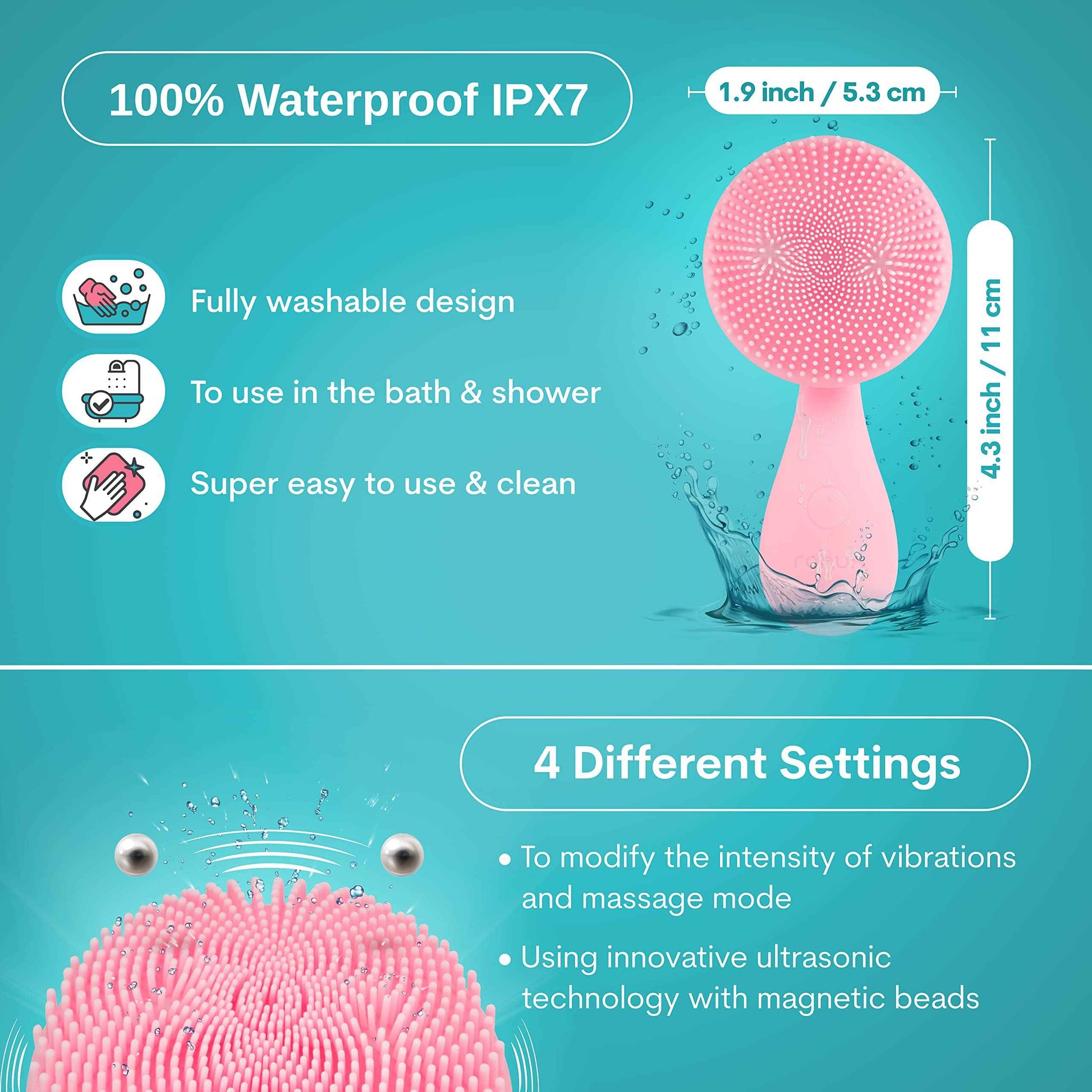 Ronux Silicon Facial Cleansing Brush - Electric, Rechargeable, Waterproof IPX7 - Rotating Magnetic Beads - 4 Function Modes - Face Massage for Deep Cleaning - Magnetic Charging Base - Ergonomic Handle