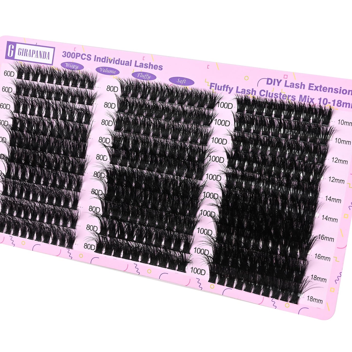 Girapanda Fluffy Lash Extension Kit, Thick Individual Lashes D Curl with Lash Bond and Seal, Lash Remover, 300PCS 60D 80D 100D Cluster Eyelash Extension, Mix 10-18mm DIY Eyelash Extension Kit at Home