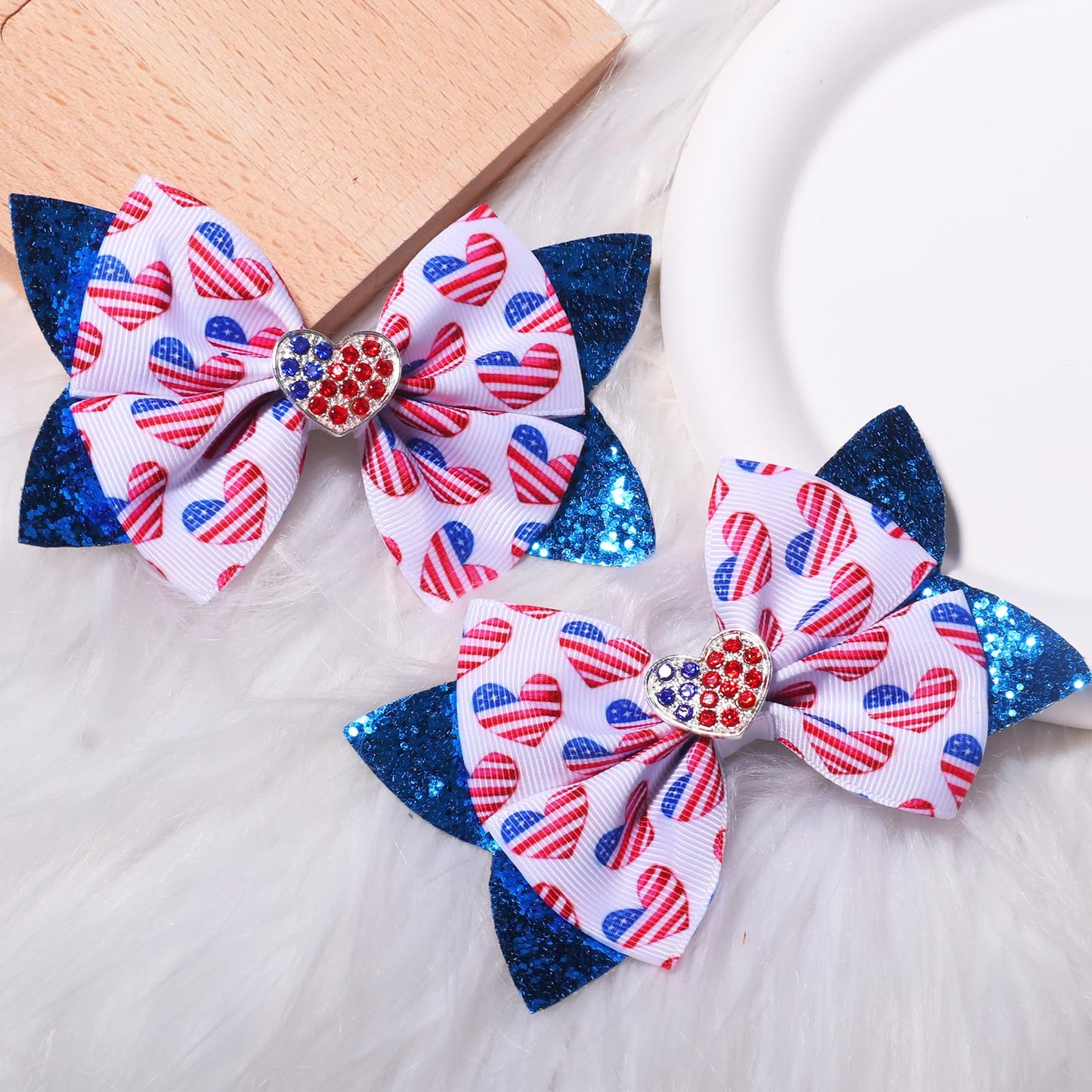 4th of July Bows Hair Clips, 4th of July Hair Accessories for Women Girls 2Pcs Patriotic Bows Hairpins Blue Sequins Barrette Red White and Blue Accessories