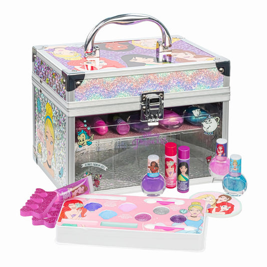 Disney Princess Train Case Girls Beauty Set, Kids Makeup Kit for Girls, Real Washable Toy Makeup Set, Play Makeup, Pretend Play, Party Favor, Birthday, Toys Ages 3 4 5 6 7 8 9 10 11 12