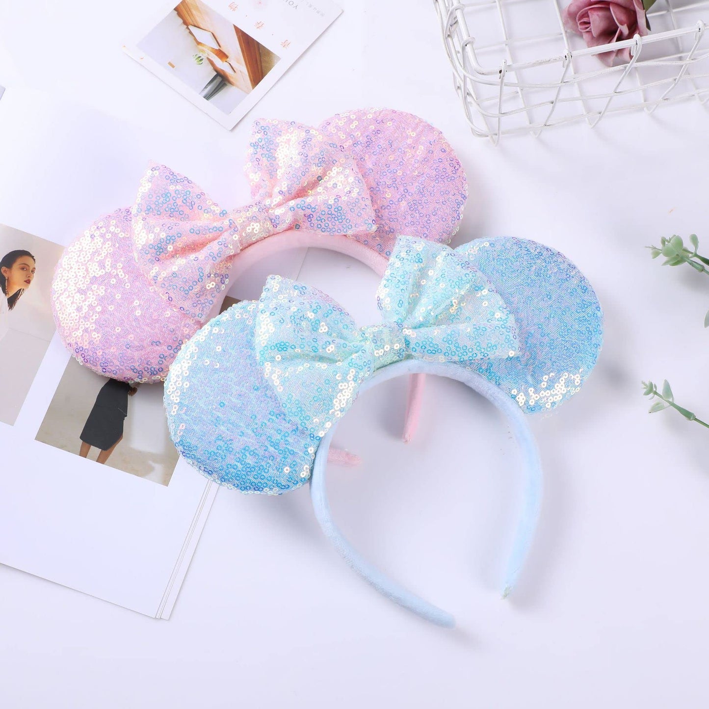 XINXIYAN Mouse Ears Headbands for Women Glitter Sequin Mouse Ears Bow Headband Birthday Party Princess Decoration (Pink, one size)