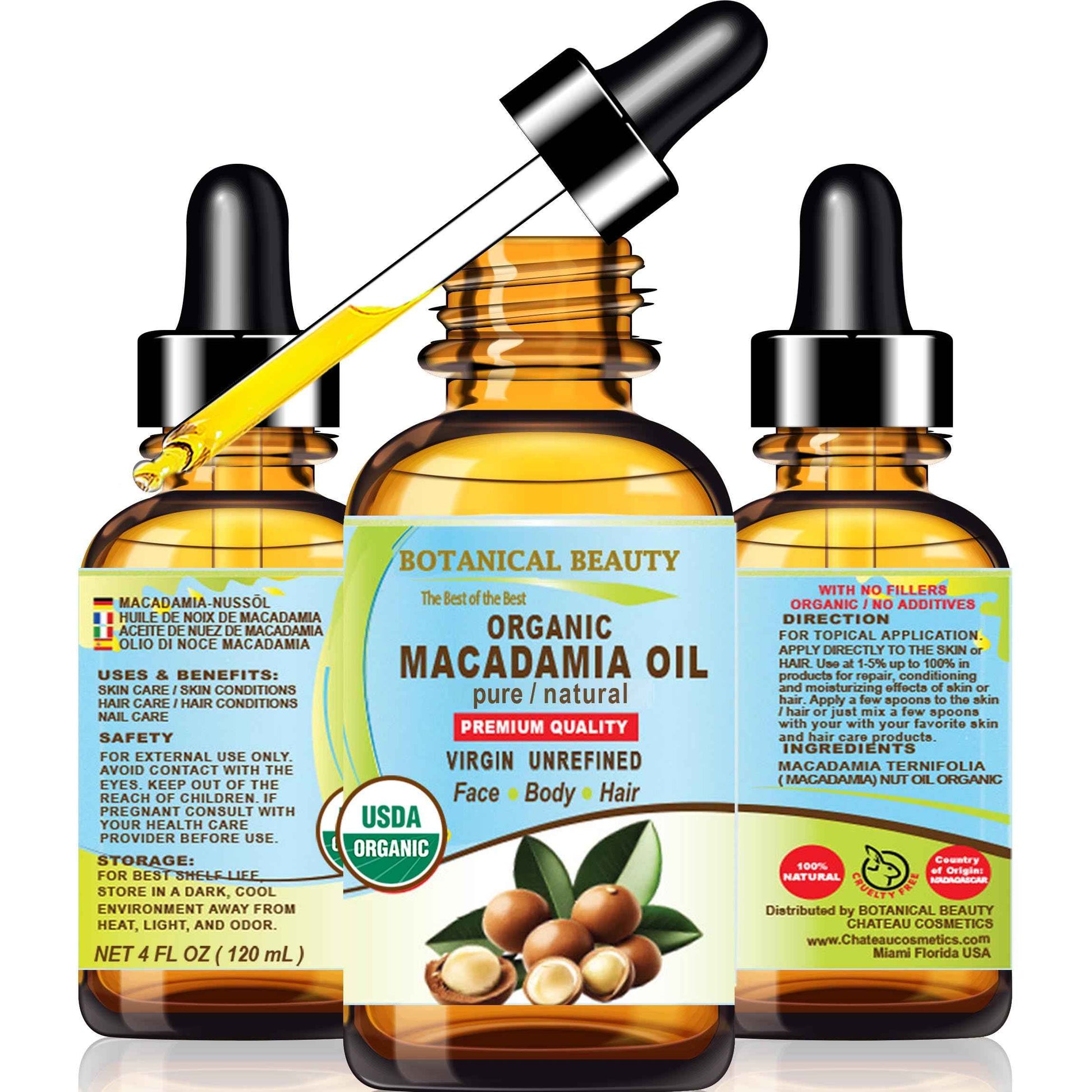 Botanical Beauty Organic MACADAMIA OIL 100% Pure Natural VIRGIN UNREFINED Cold-Pressed Carrier Oil for Face, Skin, Body, Hair, Lip, Nails. Rich in Vitamin E (4 Fl Oz)