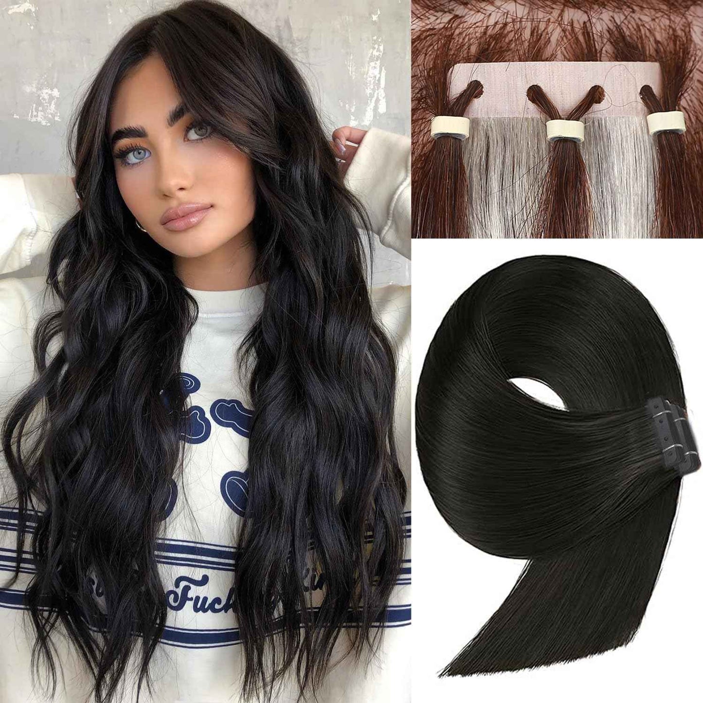 FANCEE No Glue Human Hair Extensions - Jet Black Tape-in With Holes, Glueless Invisible Seamless Skin Weft for Women (40g 20Pcs, 14 Inch)