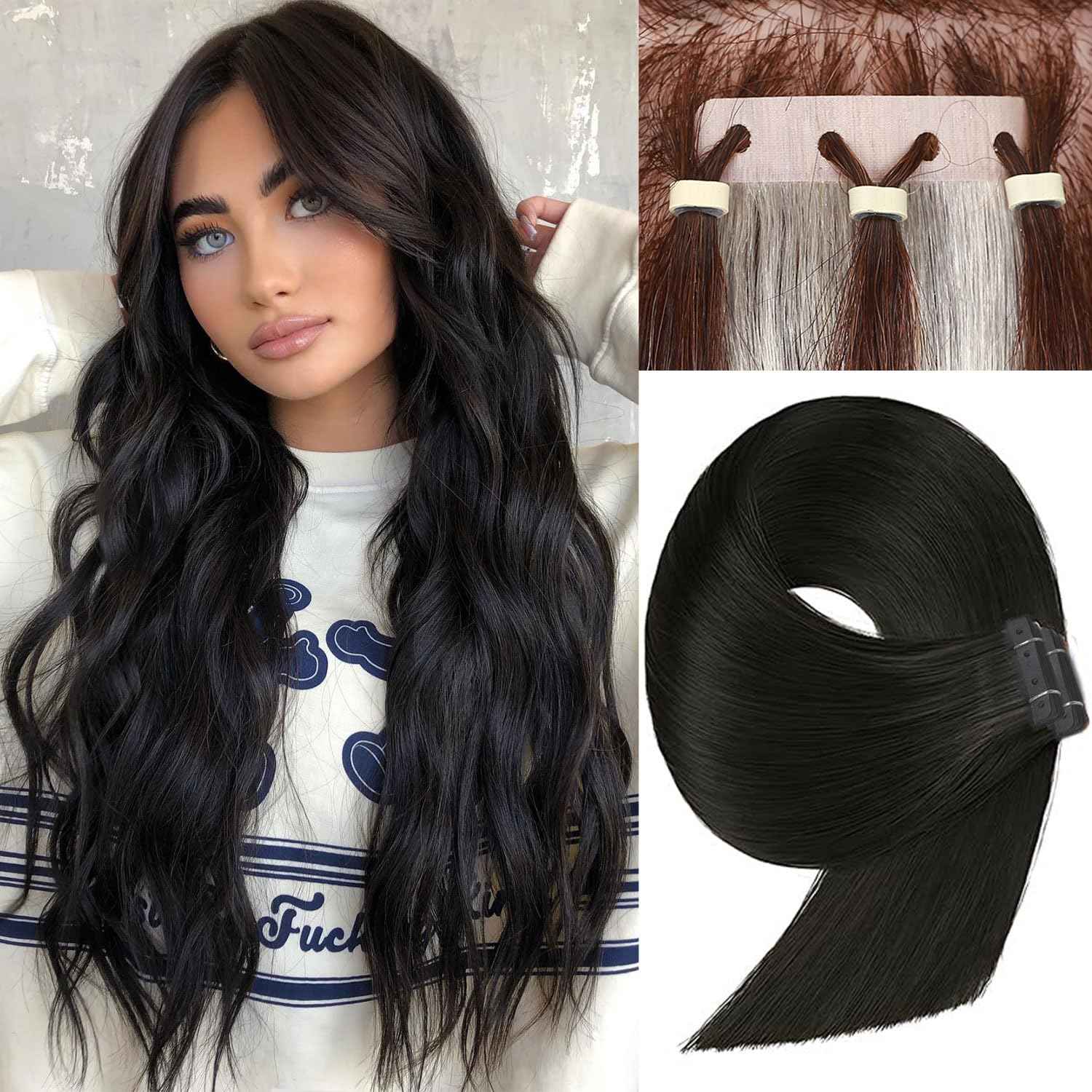 FANCEE No Glue Human Hair Extensions - Jet Black Tape-in With Holes, Glueless Invisible Seamless Skin Weft for Women (40g 20Pcs, 14 Inch)
