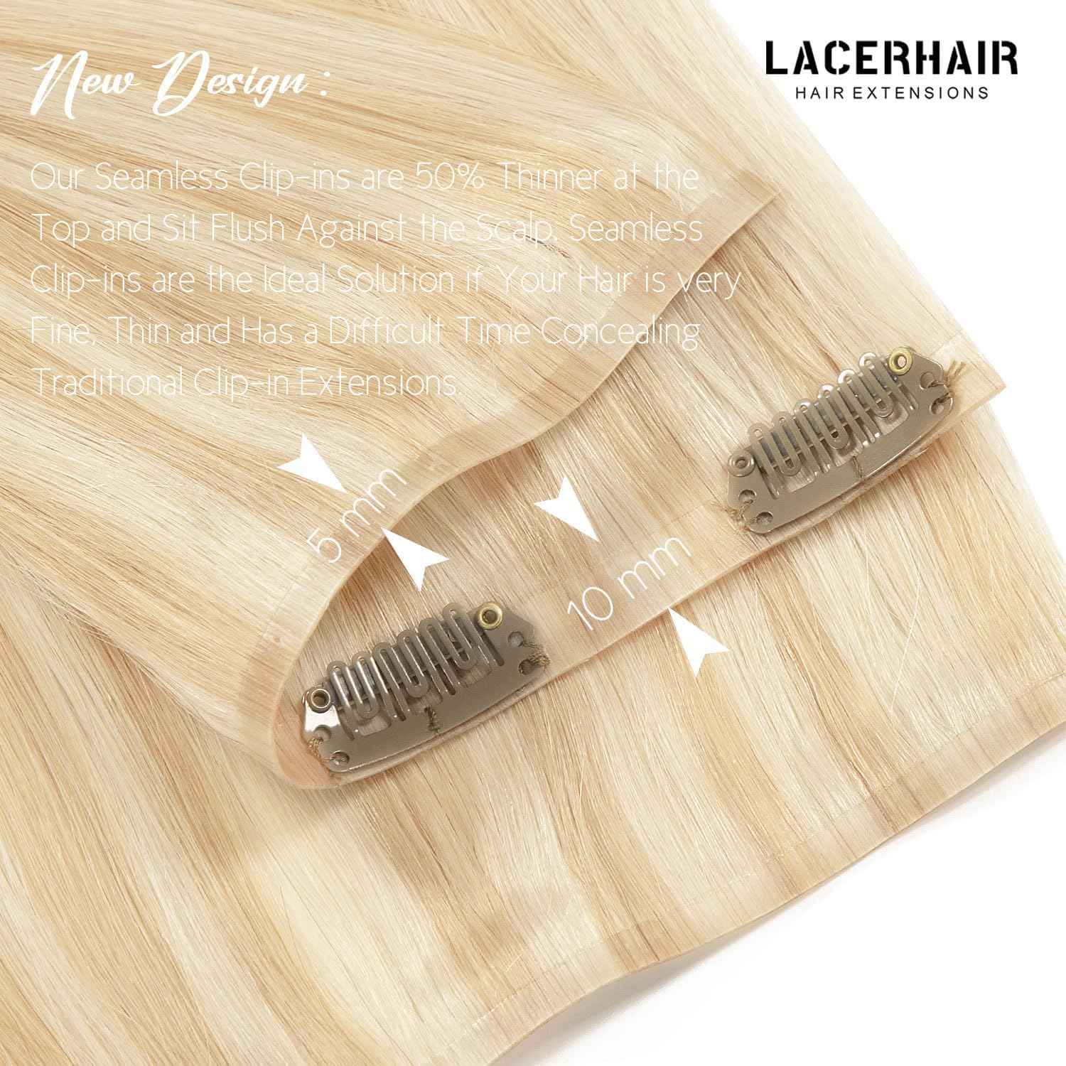 Lacer Hair 14 Inch 110g Seamless Hair Extensions Clip in Human Hair Dark Ash Blonde Mixed Platinum Blonde Invisible PU Skin Weft Straight Human Hair Highlight Color For Women