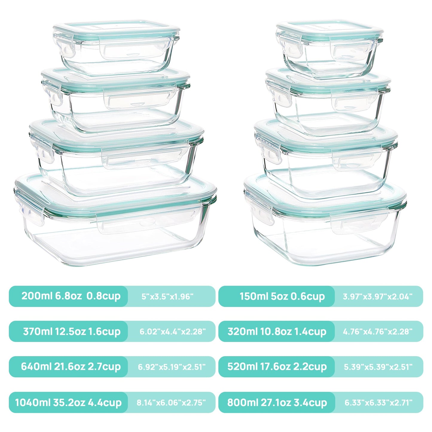 Vtopmart 8 Pack Glass Food Storage Containers , Meal Prep , Airtight Bento Boxes with Leak Proof Locking Lids, for Microwave, Oven, Freezer and Dishwasher, BPA Free