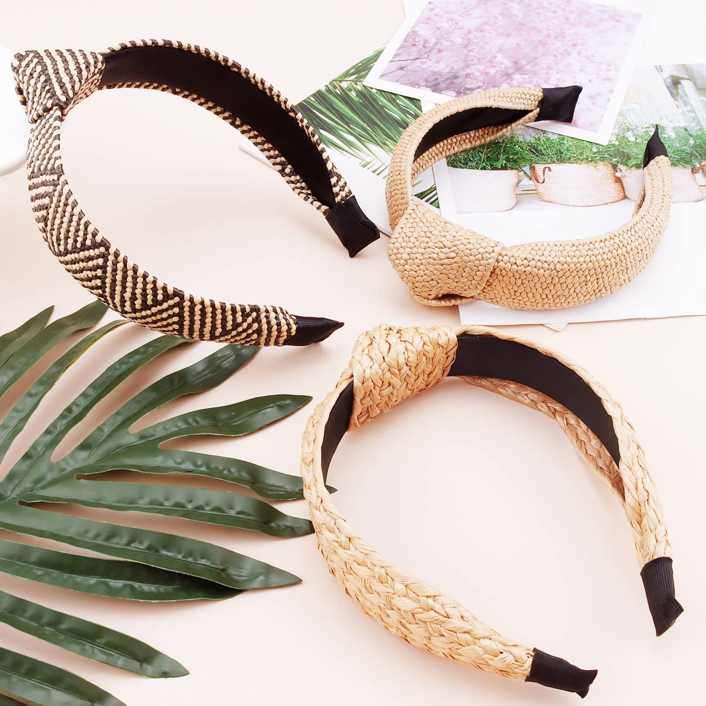 TOBATOBA Straw Headband for Women, 3Pcs Top Knot Headband, Summer Beach Headbands, Raffia / Rattan Headband, Boho Woven Headband No Slip