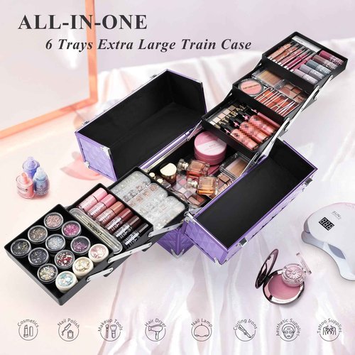 Frenessa Makeup Train Case 12 Inch Portable Cosmetic Case - 6 Tier Professional Makeup Storage Box Organiser Box Make Up Carrier with Lockable Keys Travel Case for Women and Girls - Purple