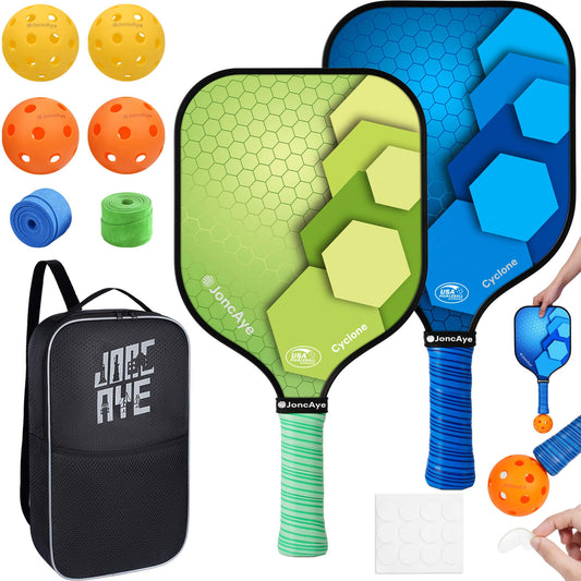 JoncAye Pickle-Ball Paddle Set of 2 USAPA Approved Rackets and 4 Balls, 1 Racquet Bag, 2 Grip Tapes, Ball Retrievers | Pickle-Ball Equipment for Outdoor Indoor Play, Pickleball Kit for Beginner