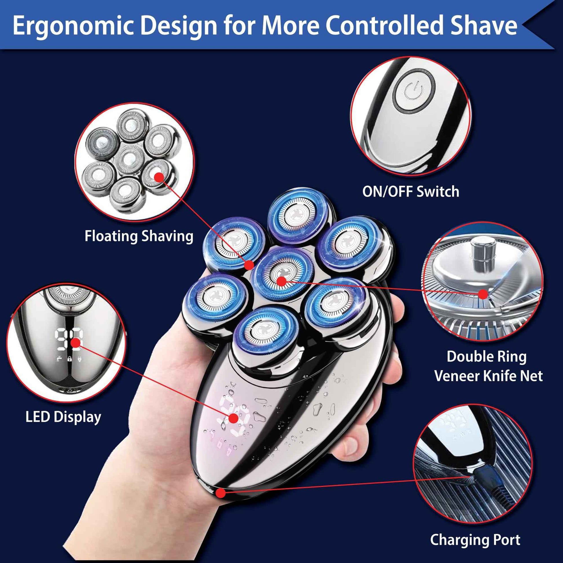 ROSHNI Head Shavers for Bald Men - Upgraded Detachable Head Shaver for Men - IPX7 Waterproof Electric Razor - 7D LED Display Rechargeable Grooming Kit with USB Charging Cable