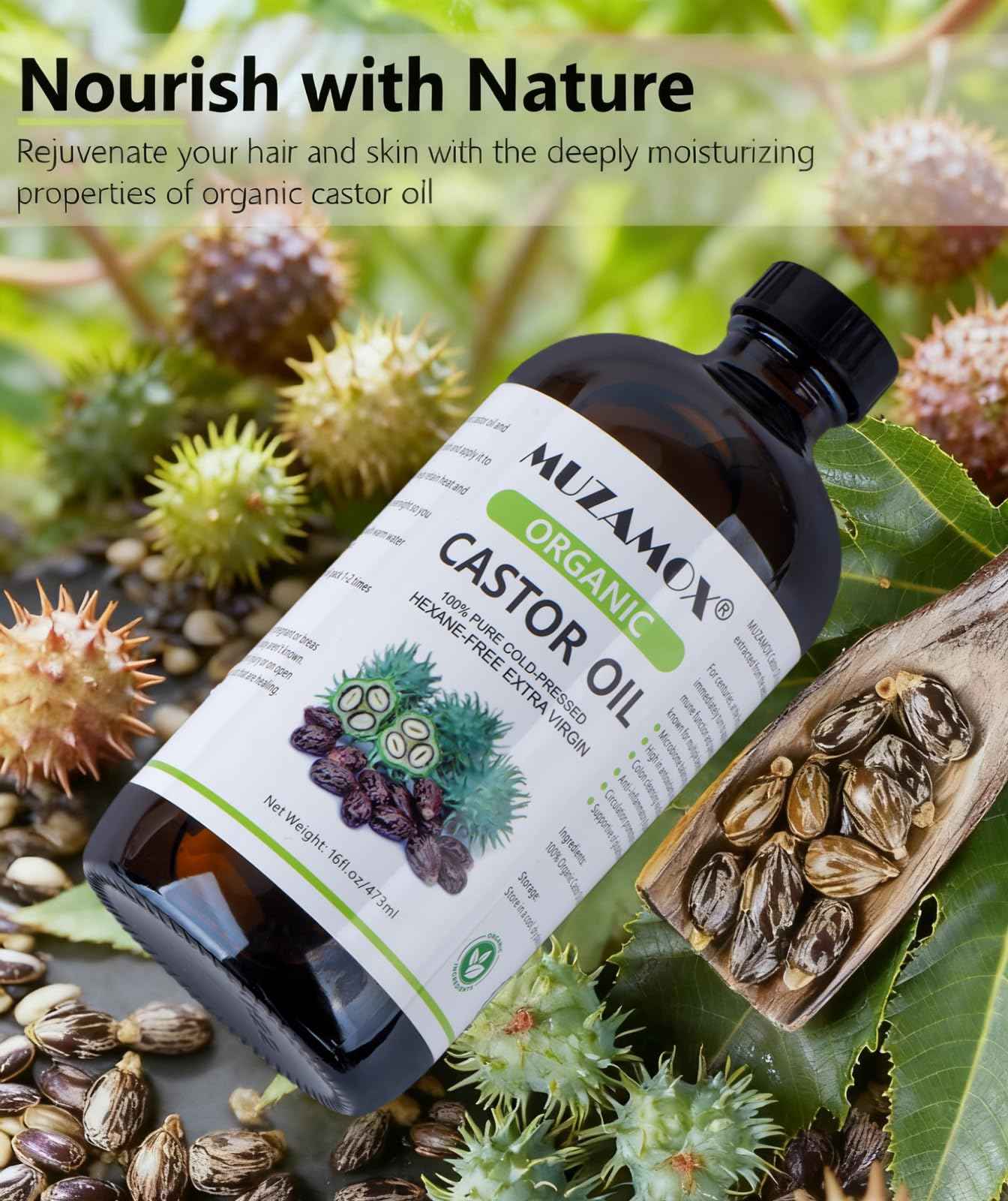 Castor Oil Organic Cold Pressed Unrefined Glass Bottle, 100% Pure and Hexane Free, Ideal for Castor Oil Pack, Skin Care, and Hair Growth, 16 Fl Oz