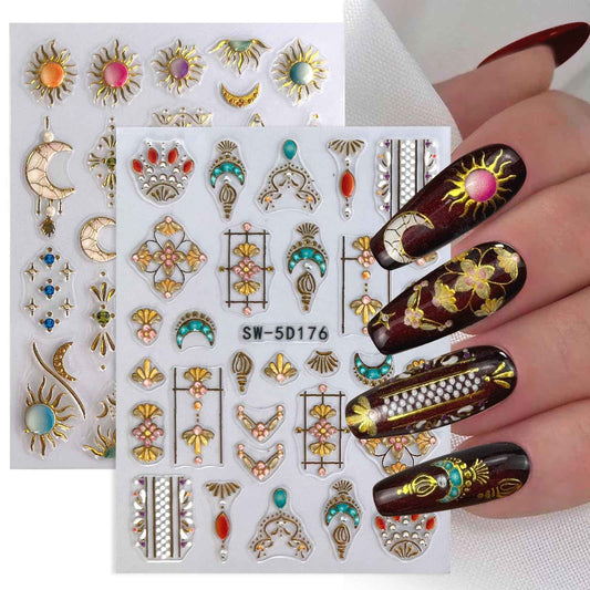 MUIIIGOOD 2 Sheet Sun Moon Stars Boho Nail Stickers Charms for Nail Art 5D Embossed Bohemian Style Floral Nail Decals Metallic Gold Sun Moon Star Luxury Celestial Nail Art Stickers Supplies for Women