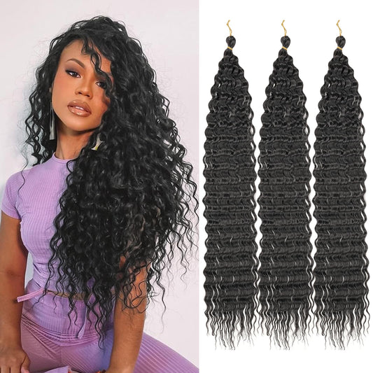 ZRQ Deep Wave Crochet Hair Natural Black 18 Inch 3 Packs Ocean Wave Curly Braiding Hair for Boho Braids Synthetic Curly Crochet Hair For Women #1B