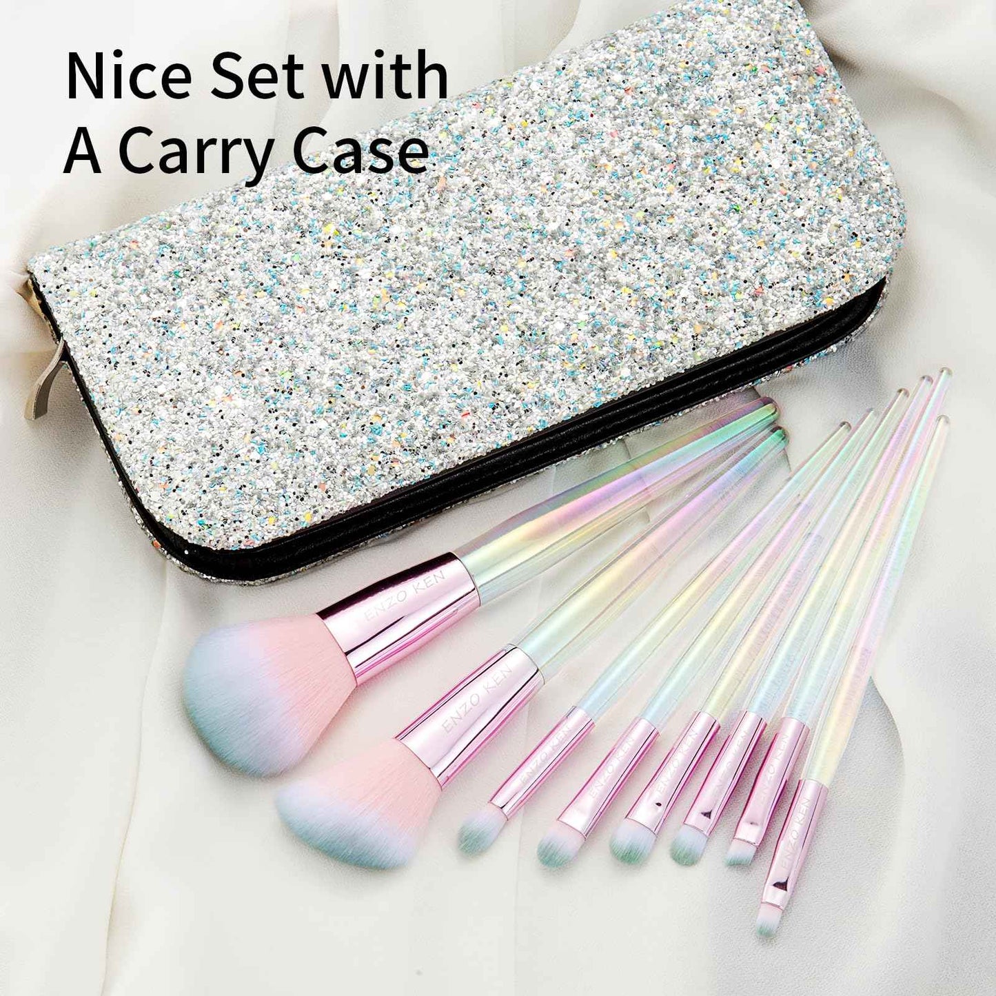 Rainbow Crystal Makeup Brushes Set Professional, Vegan Makeup Brush Set with Case by ENZO KEN, Bedazzled Cosmetic Brushes Makeup Set, Sparkly Make up Brushes Set Professional, Makeup Brush Set Vegan.