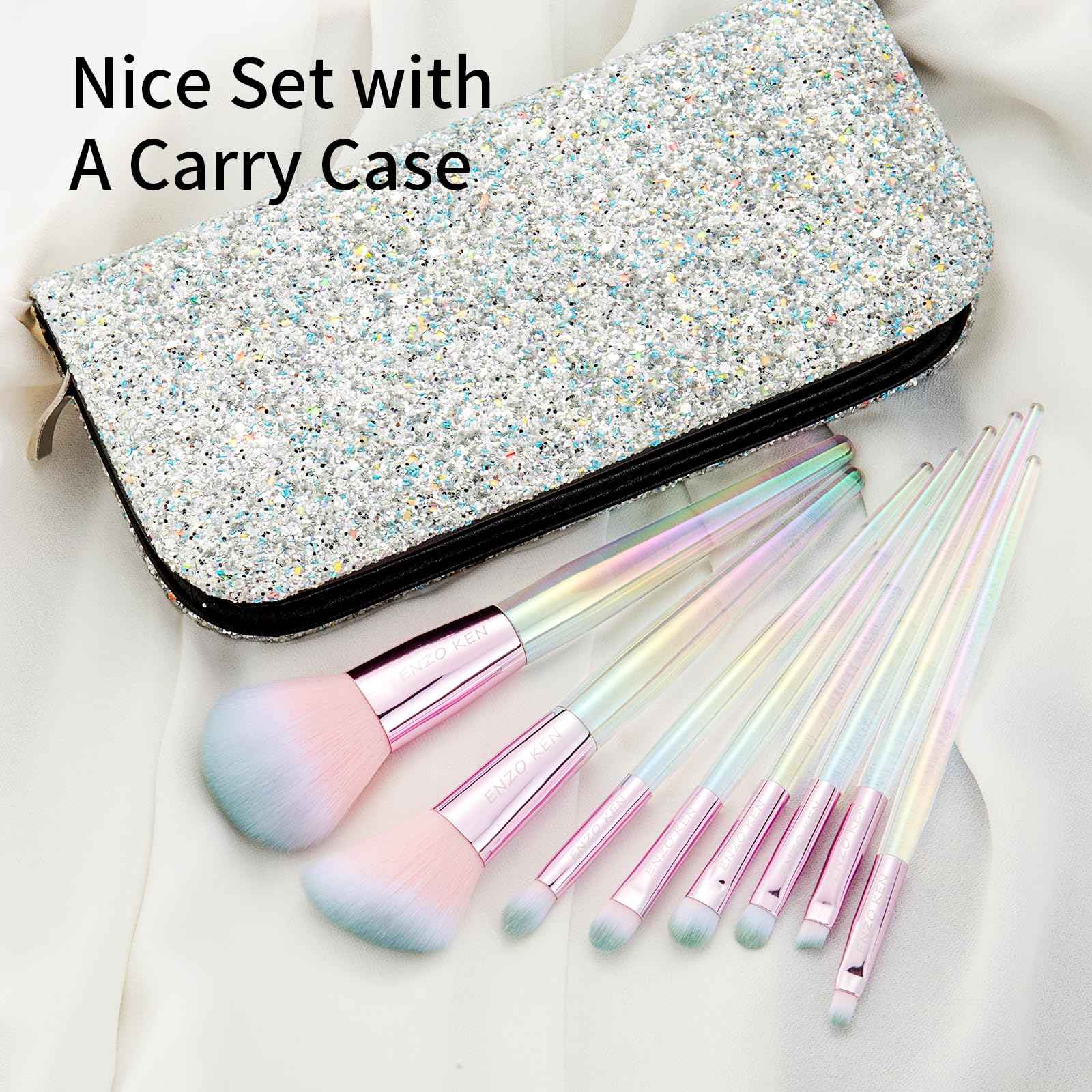 Rainbow Crystal Makeup Brushes Set Professional, Vegan Makeup Brush Set with Case by ENZO KEN, Bedazzled Cosmetic Brushes Makeup Set, Sparkly Make up Brushes Set Professional, Makeup Brush Set Vegan.