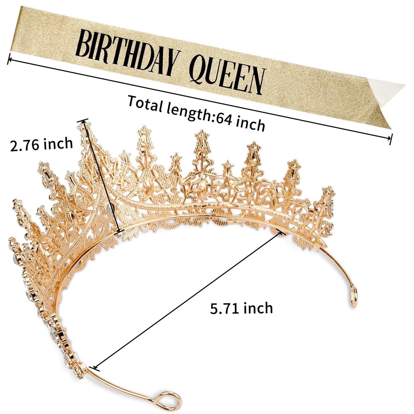 Gold Crown for Women Birthday Queen Sash & Rhinestone Tiara Set Birthday Decoration Rhinestone Headband Glitter Crystal Hair Accessories for Party(Gold2&Sash)