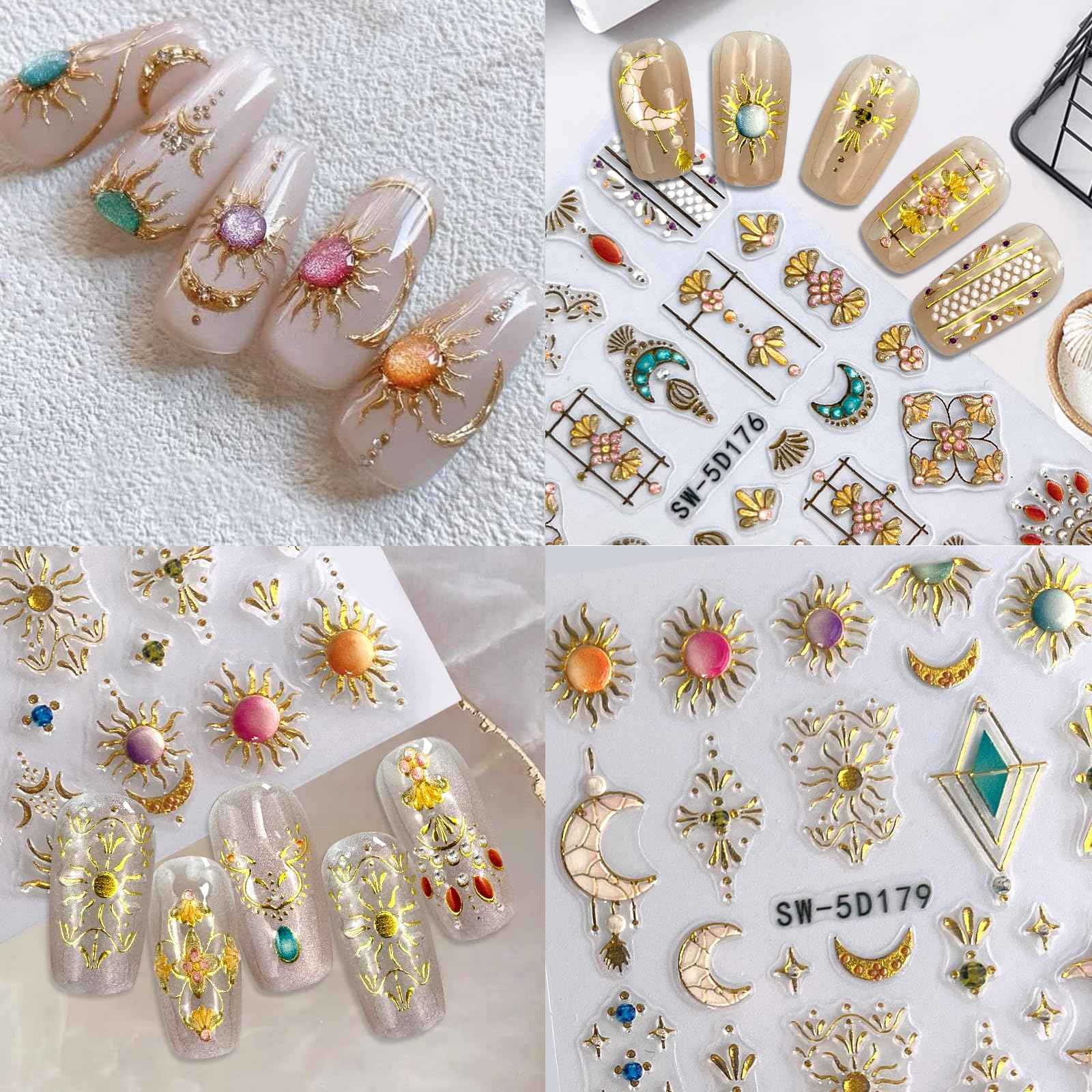 MUIIIGOOD 2 Sheet Sun Moon Stars Boho Nail Stickers Charms for Nail Art 5D Embossed Bohemian Style Floral Nail Decals Metallic Gold Sun Moon Star Luxury Celestial Nail Art Stickers Supplies for Women