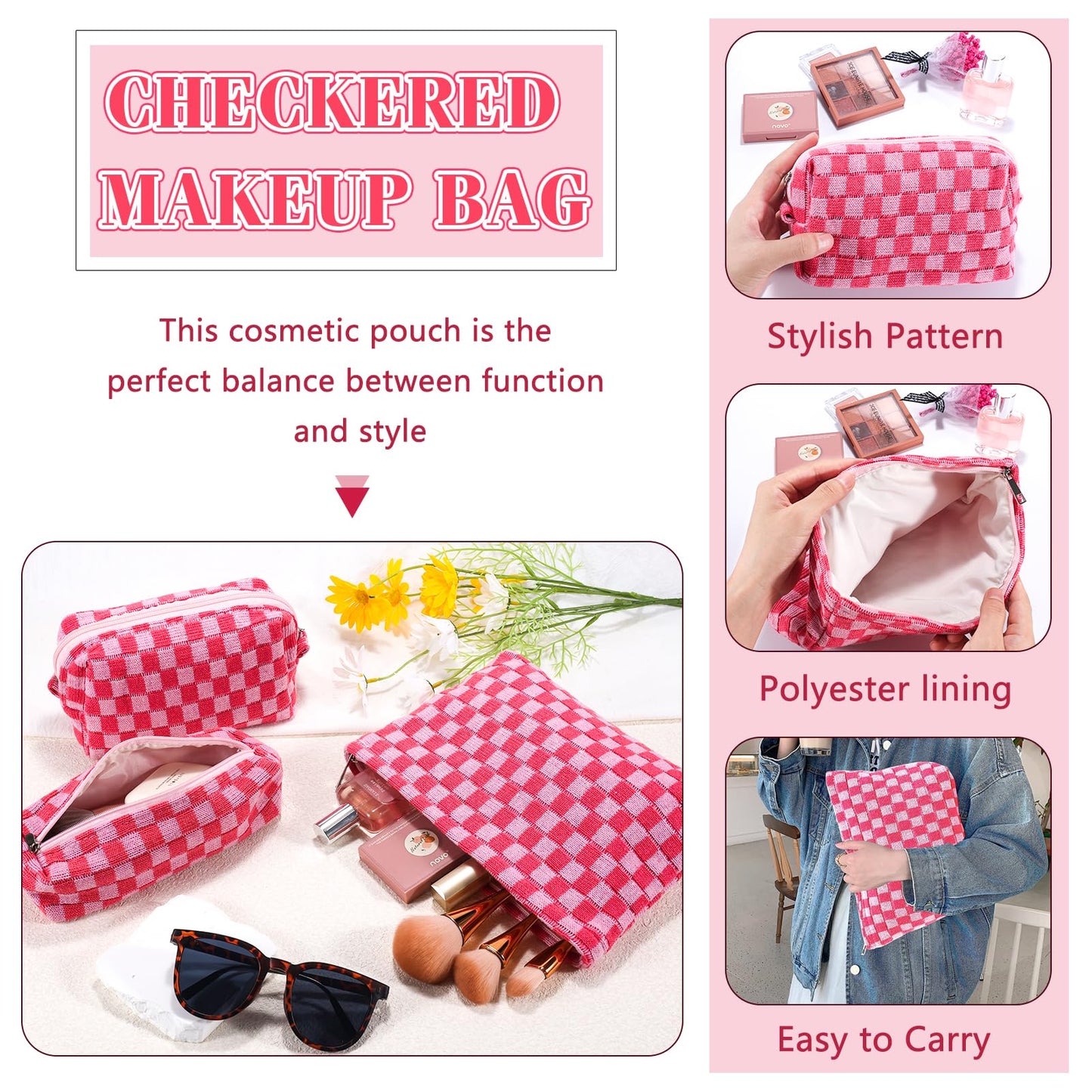 ZLFSRQ 3Pcs Checkered Makeup Bag for Women Large Medium Small Pink Cosmetic Bag Set Travel Makeup Pouch for Purse Zipper Toiletry Organizer Cute Washable Preppy Trendy Makeup Brushes Storage Bag