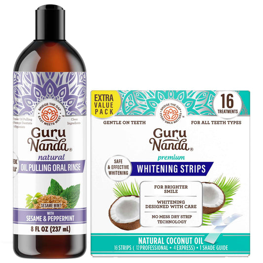 GuruNanda Refresh & Brighten Oral Care Bundle – Sesame Mint Oil Pulling Mouthwash & 16-Day Whitening Strips for Natural Care, Happy Gums & a Confident Smile
