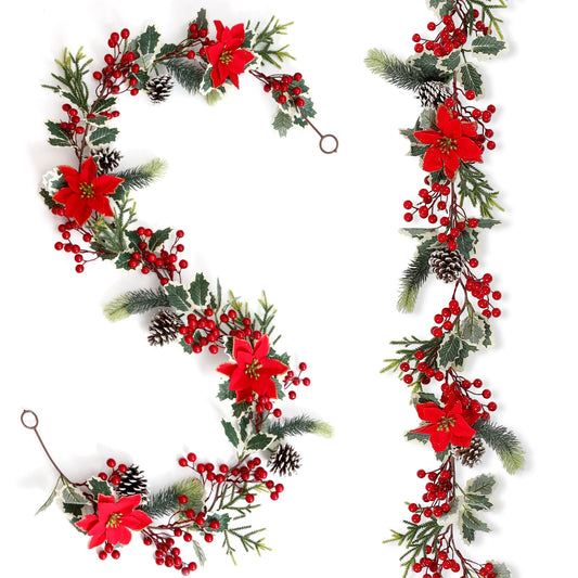 SOMYTING Christmas Garland 6FT Christmas Poinsettia Garland with Red Berries Holly Leaves Artificial Pine Needle Red Berry Garland Artificial Xmas Flower for Indoor Outdoor Christmas Decortions (2PCS)