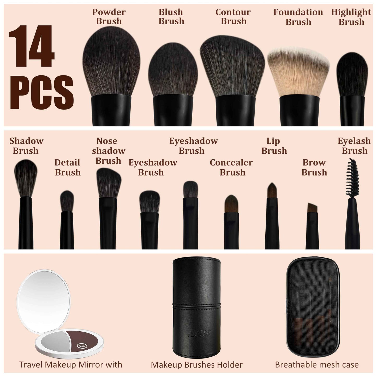 Jilier 14 pcs Mini Makeup Brushes and Pocket Mirror, Travel Makeup Brush Set, LED Compact Mirror with Light, Travel Size with Case, Portable for Handbag, Travel Essentials for Women