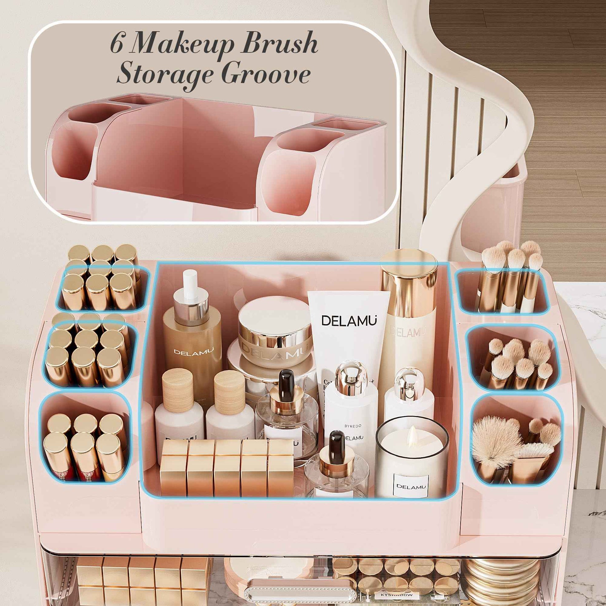 Delamu Makeup Organizer Countertop with 6 Brush Holder, Bathroom Countertop Organizer with 2 Large Drawers, Cosmetic Display Case for Vanity, Ideal Christmas Gifts for Women Girls, Pink