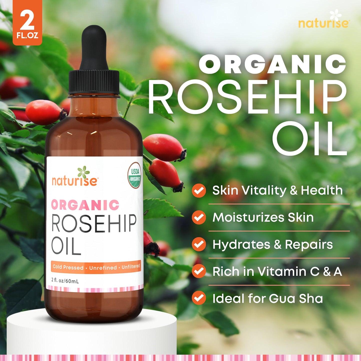 Organic Rosehip Oil for Face - Organic Cold Pressed Rose Hip Oil for Skin and Body Care - Vegan Non-GMO Gua Sha Oil - Rosa Mosqueta Oil, Rosehip Seed Facial Oil for Gua Sha Massage (2 FL. OZ.)