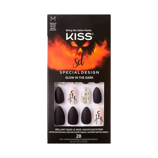 KISS Special Design Halloween Fake Nails, Glow-In-The-Dark, Style ‘Scary Skeletons’, with Pink Gel Nail Glue, Mini Nail File, Manicure Stick, & 28 False Nails