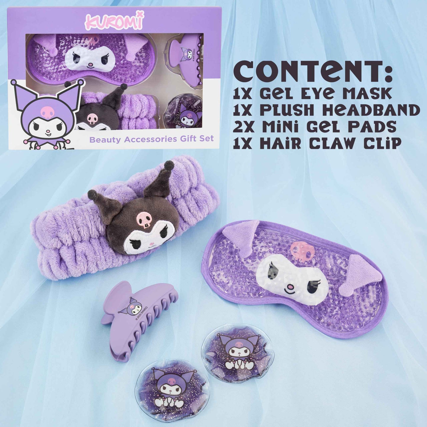 Hello Kitty Sanrio Kuromi Beauty Set for Women, Teens with Cooling Gel Eye Mask, Plush Skincare Headband, Claw Clip, Eye Pads, Kawaii Gifts for Women (Purple Kuromi)