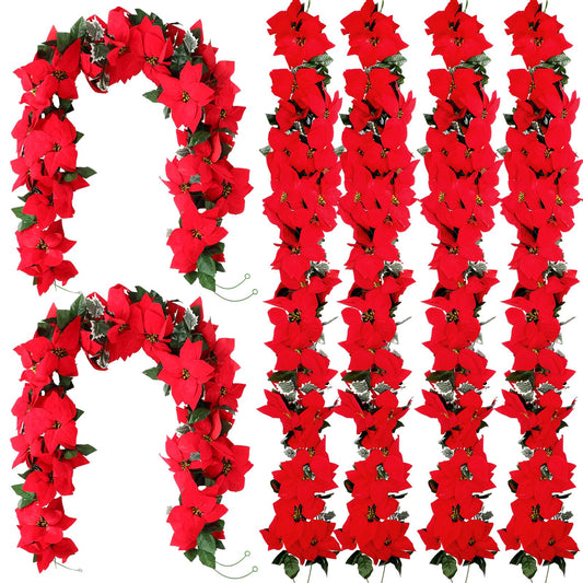 Crowye 10 Pcs Christmas Poinsettia Garland 65.62FT Artificial Red Poinsettia Flower Xmas Ornaments Decorations Bulk Faux Poinsettias with Holly Leaves for Christmas Tree Indoor Outdoor Party