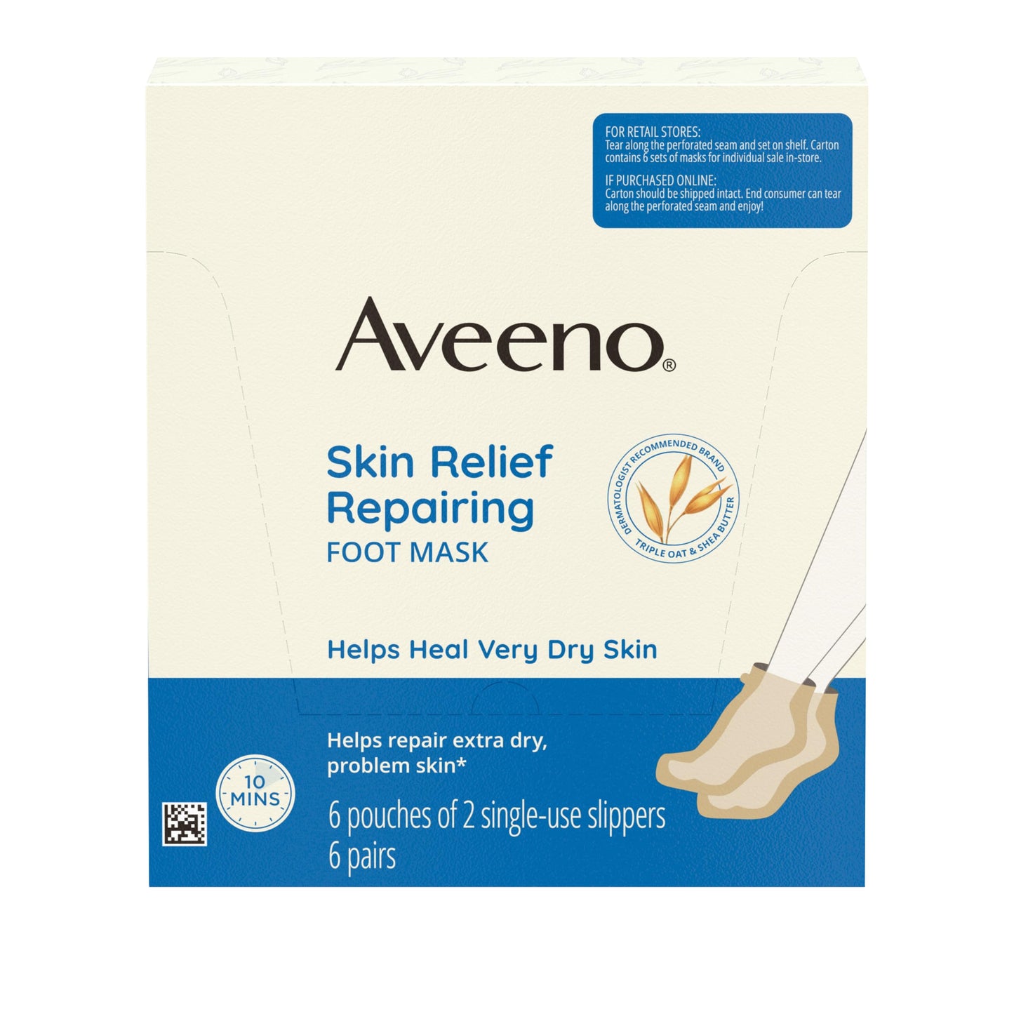 Aveeno Skin Relief Repairing Foot Mask, Moisturizing Socks with Prebiotic Oat & Shea Butter for Very Dry Skin, Foot Care for Sensitive Skin, Fragrance-Free, Value Pack, 6 Pairs of Single-Use Slippers