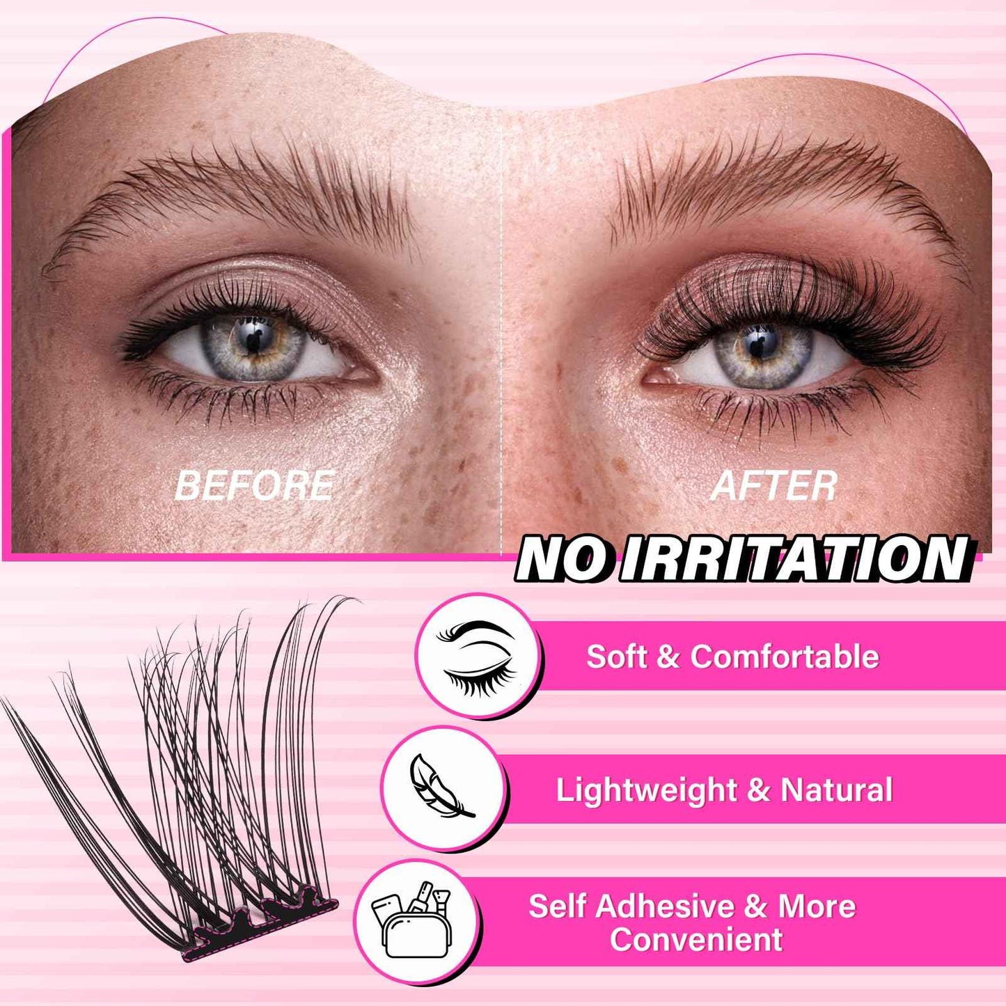 PRO Self Adhesive Eyelashes Kit Press On Lashes 120pcs Lash Clusters Lash Fixative Lash Remover Lash Applicator Eyelash Extension Kit Easy To Apply At Home Lash Extension Kit (Begonia,D-10-18mix Kit)