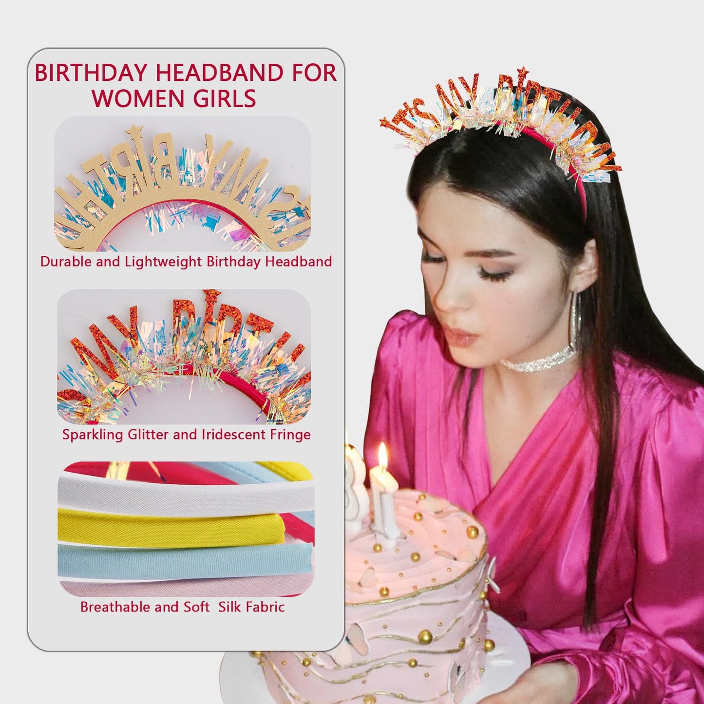 KICOSY Birthday Headbands and Sashes for Women Birthday Crown Tiara Birthday Sash for Girl Glitter Iridescent Fringe It's My Birthday Headband Happy Birthday Decorations Birthday Gifts for Girls