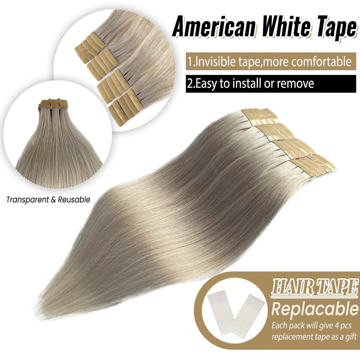 Tape in Hair Extensions Ice White Remy Human Hair Skin Weft Invisible Hair Extensions 18 Inch 50g/20pcs