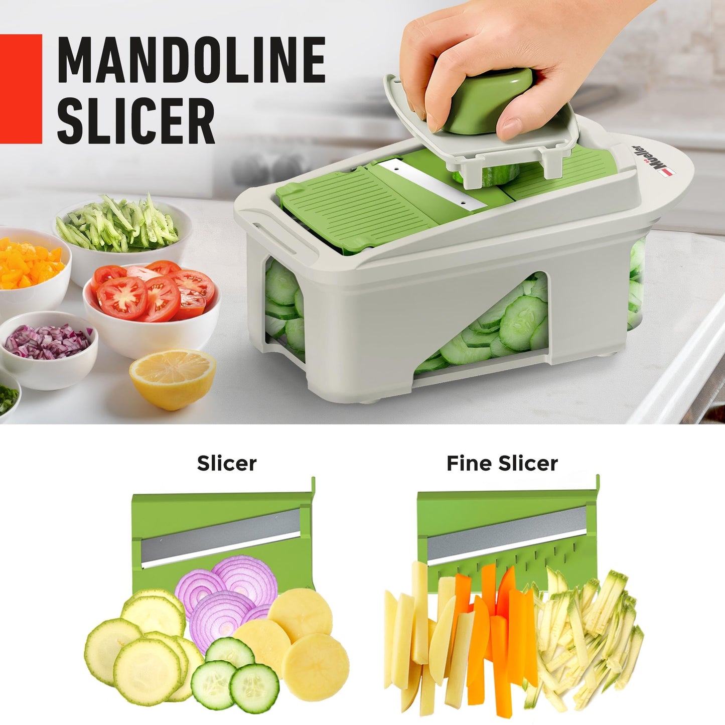 Mueller Pro-Series All-in-One, 12 Blade Mandoline Slicer for Kitchen, Food Chopper, Vegetable Slicer and Spiralizer, Cutter, Dicer, Grater, Mothers Day Gifts, Kitchen Essentials, White Sand/Green