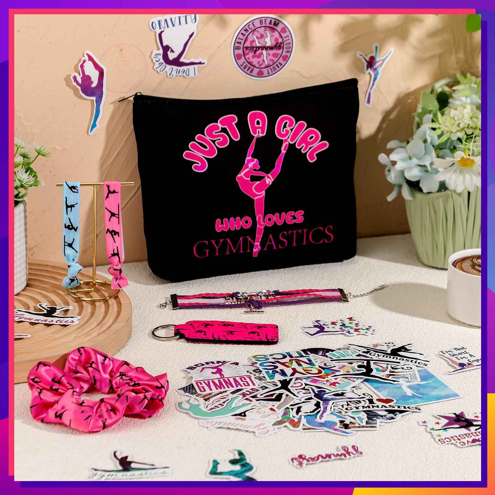 Seenelling 56 Pcs Gymnastics Stuff Inspirational Gifts for Players Teams Cosmetic Bag Women Hair Ties Sport Lovers Gifts for Birthday Sport Party Favors (Just a Girl)