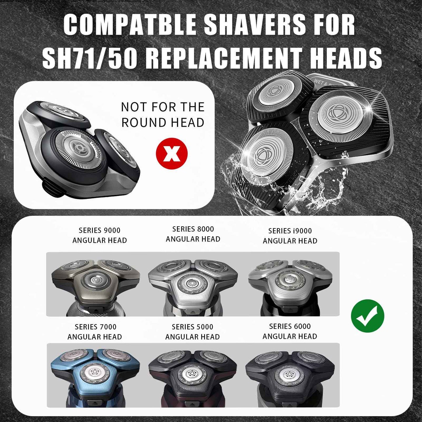 SH71/50 Shaving Heads Compatible with Phili*s Shavers Series S5000 (S5XXX),S7000 (S7XXX) for SH60/70 and SH70/70 (Black)