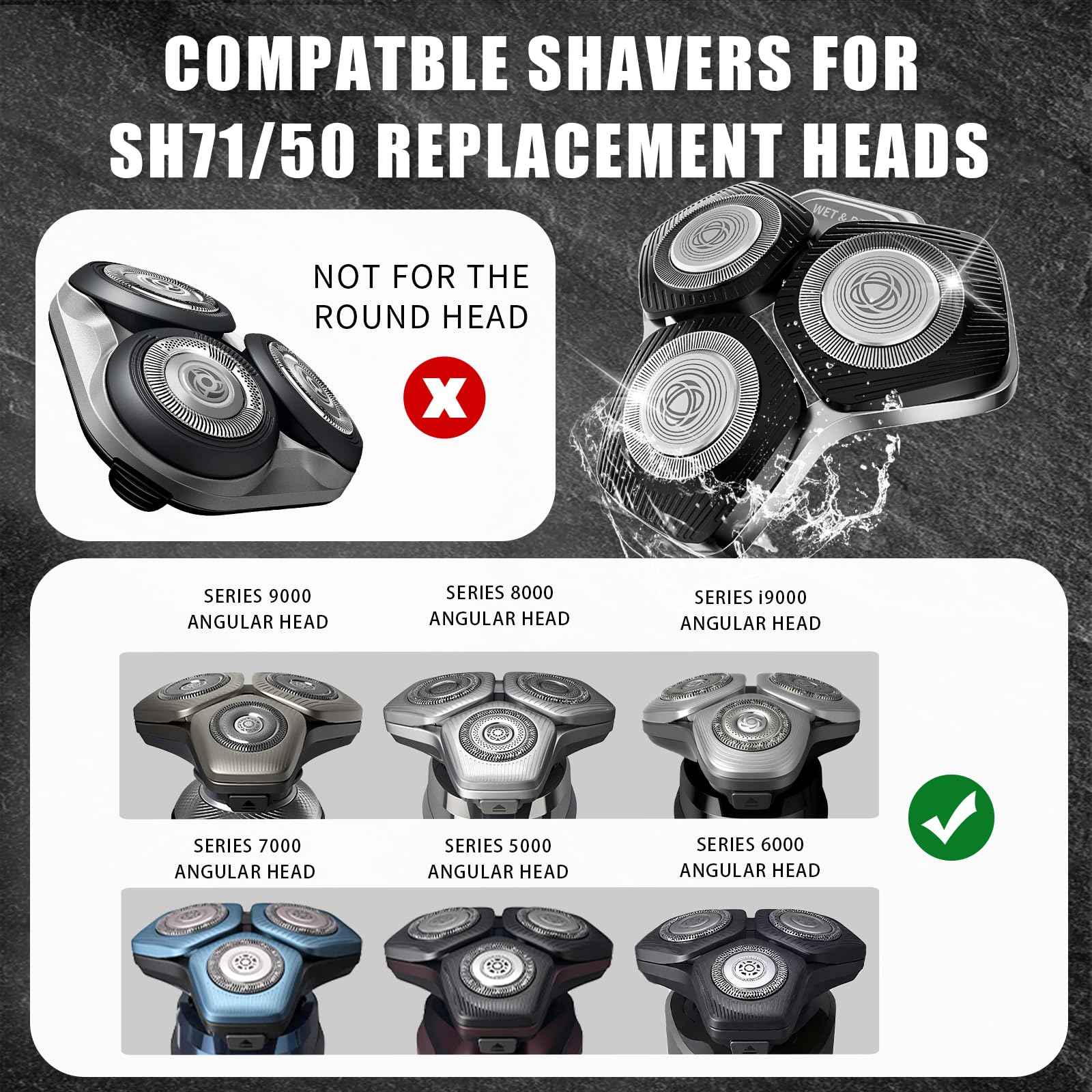 SH71/50 Shaving Heads Compatible with Phili*s Shavers Series S5000 (S5XXX),S7000 (S7XXX) for SH60/70 and SH70/70 (Black)