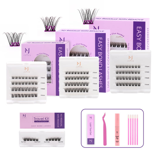 JoMay Self-Adhesive Lash Clusters,Press-On Lashes 10-16mm,Individual Lash Extension Kit with Tweezers,No Glue Needed,Natural DIY Eyelash Extension Kit 3 Boxes (X1-X3-X4)