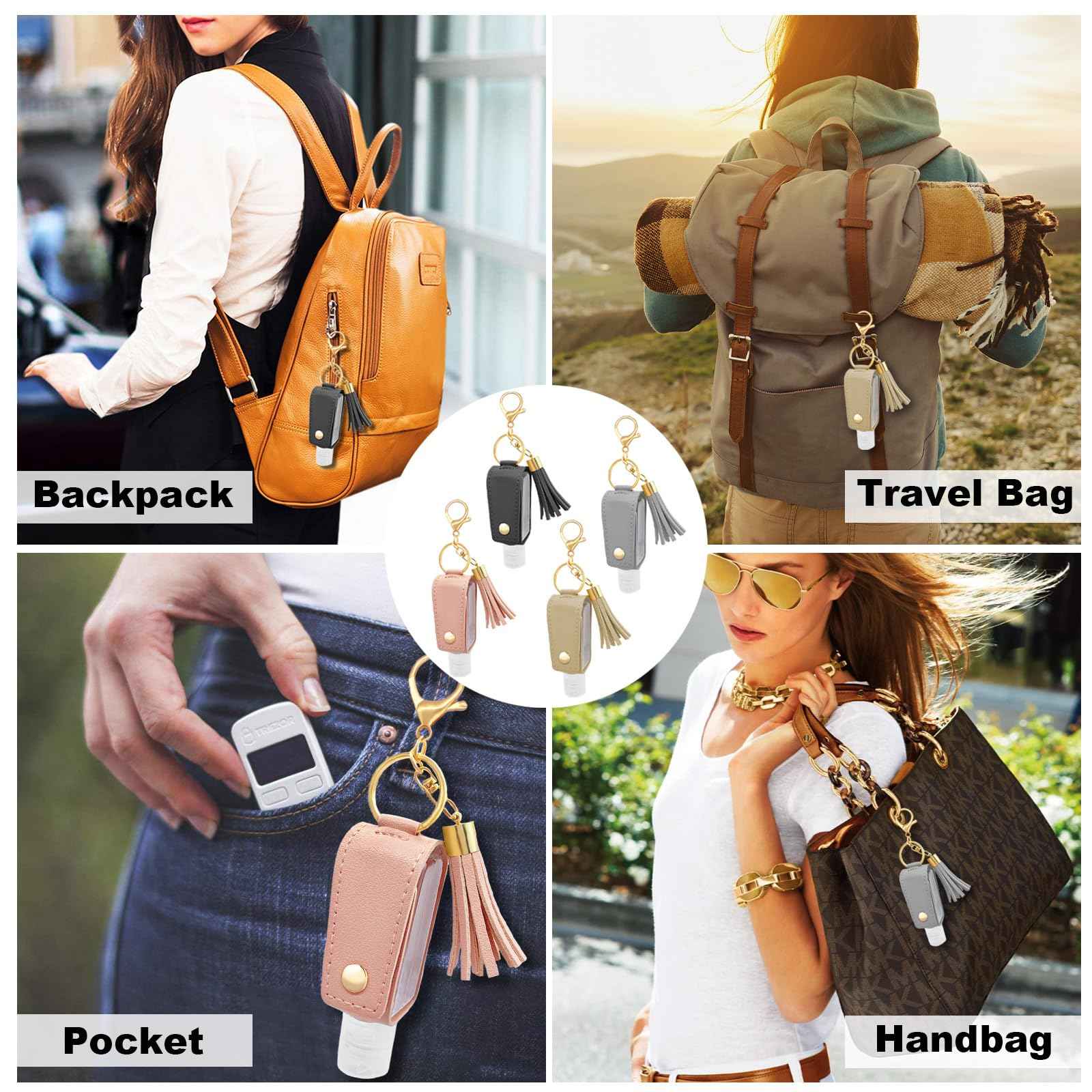 WATUNID 4 Pack Portable Travel Hand Sanitizer Keychain Holder with Funnel, Small Leather Empty Travel Size