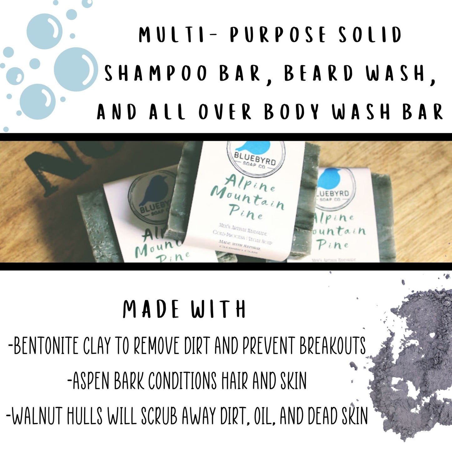 Bluebyrd Soap Co. Alpine Mountain Pine Mens Soap Bar | Masculine Scented Soap Pore Cleansing Bar With Bentonite Clay | Men's Acne Bar Soap -Vegan, Natural, Organic Ingredients (MT. PINE)